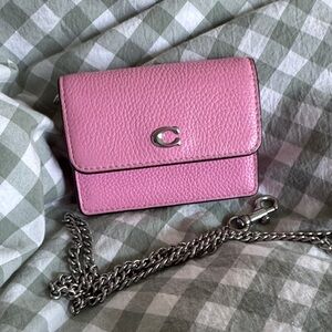 Coach Pink Leather Essentials Half Flap Card Case With Chain